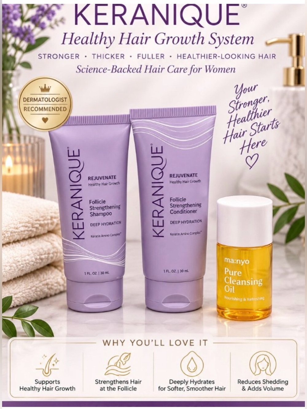 NEW Keranique Hair Care Duo (Shampoo & Conditioner) + ma:nyo Pure Cleansing Oil